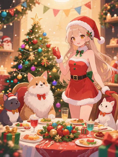 anime, santa girl in minidress, animals sitting at christmas table, fur tree, new year vibes, celebration