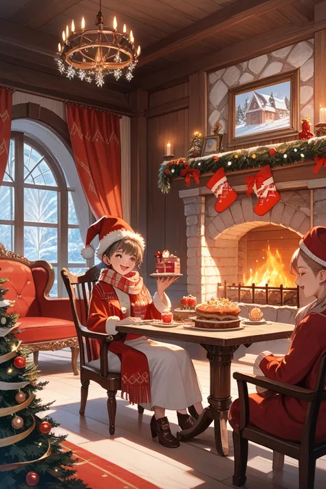 score_9, score_8_up, source_anime, masterpiece, illustration, small animals party in a warm house, fireplace,  Christmas wreath ...