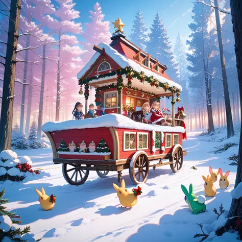 score_9, score_8_up, source_anime, masterpiece, ultra detailed, illustration, Christmas in the Forest, Bunnies and Chicks、baby f...
