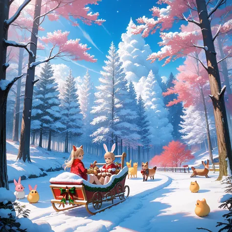 score_9, score_8_up, source_anime, masterpiece, ultra detailed, illustration, Christmas in the Forest, Bunnies and Chicks、baby f...