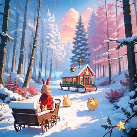 score_9, score_8_up, source_anime, masterpiece, ultra detailed, illustration, Christmas in the Forest, Bunnies and Chicks、baby f...