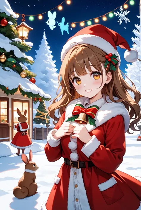 A cute moe anime girl with long wavy brown hair and warm amber eyes, wearing a red Santa hat with white fur trim and pom-pom, la...
