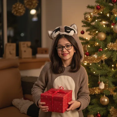 A well-fed young woman with glasses in a raccoon costume next to a New Year tree in her hands holds a gift, dark hair