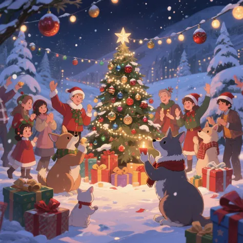 animals celebrando la navidad, animals, anime style, snowy landscape, Party scene, Christmas lights, Ornaments, gifts, Christmas...