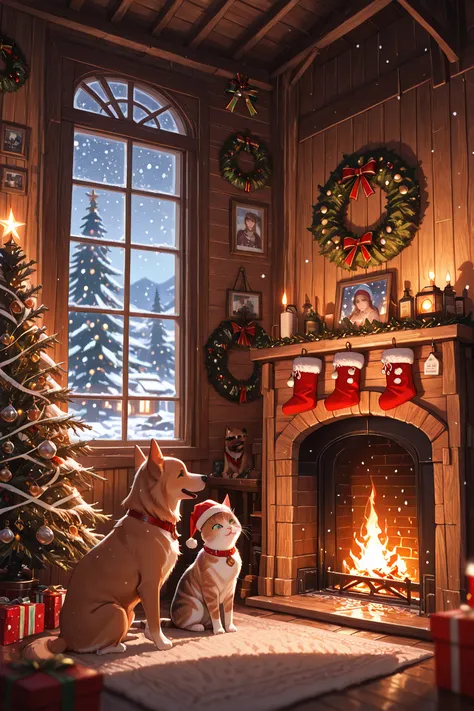 (masterpiece, detailed:1.2),best quality,ultra-detailed,32K,beautiful woman,
animals celebrating christmas, cozy wooden cabin, c...