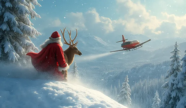 Santa Claus The Snow Maiden and the deer look out of the plane flying over the city.photo like for the glossy cover