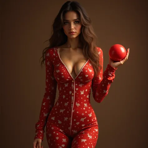 Sexy woman standing, shown half-length, with a sexy face and holding a red Christmas sphere in one hand. She wears a tight Chris...