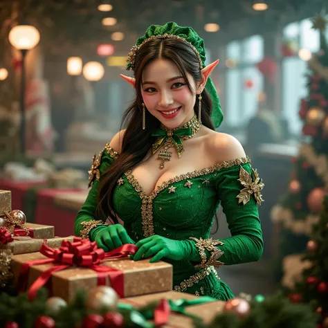 Busty beautiful woman , Christmas elf, christmas, Christmas, pointed elf ears, green Christmas costume, atuendo rimbonbante de C...