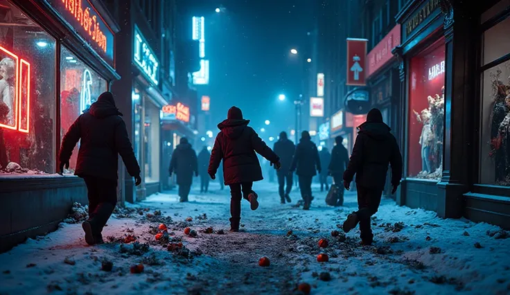 K-pop concept photography, 4k, nighttime city street after Christmas riot. Silhouettes of figures kicking glittering debris, spr...