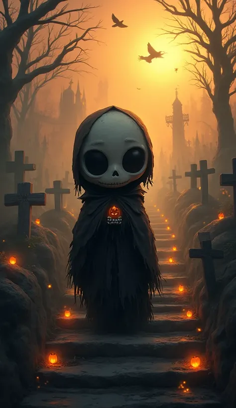 A whimsical, spooky character with a large, round, skull-like head and big black eyes stands in a graveyard. The character wears...