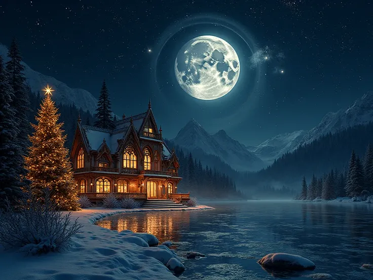 Epic midnight royal fantasy winter scene, ultra-luxury European moon palace cabin, breathtaking palace-chalet architecture with ...