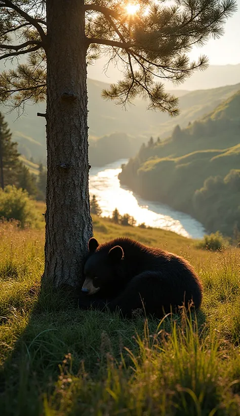 A black bear curled up at the base of a massive pine tree, nestled in lush wild grass atop a sunlit hill. The background feature...