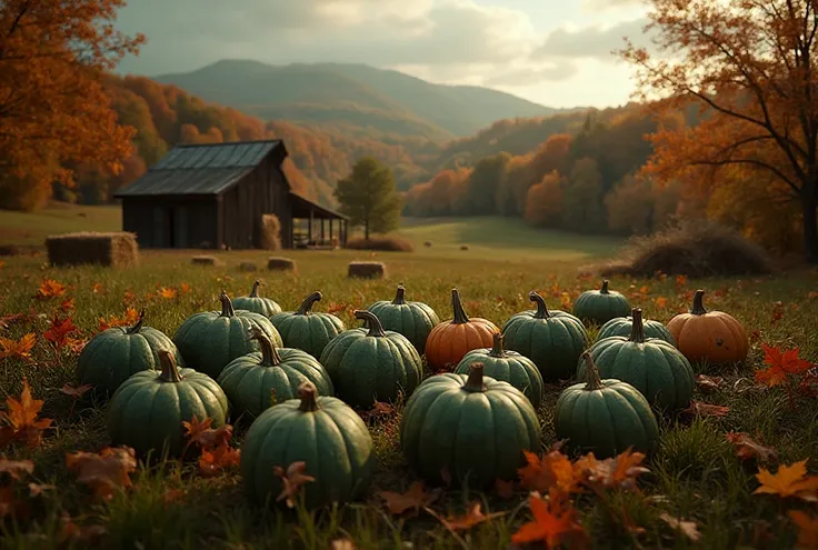 moss green pumpkin harvest fall, detailed fall landscape scene, lush rolling hills, vibrant autumnal foliage, wooden barn, hay b...
