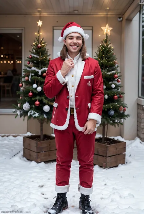 "A cute Santa Claus with rosy cheeks and a big smile, wearing a classic red suit with white fur trim and a fluffy hat, standing ...
