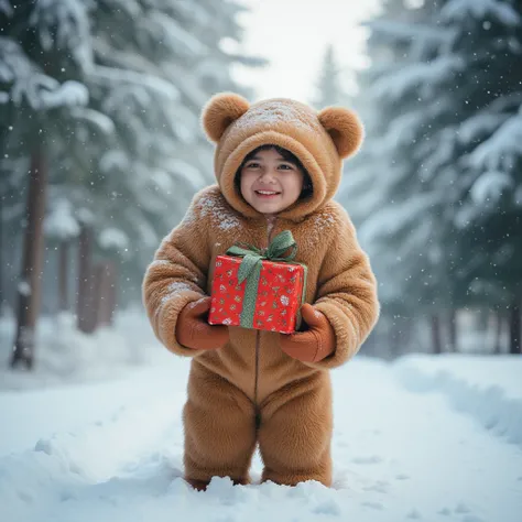 A man in a bear fur suit stands in a snowy forest with a gift in his hands