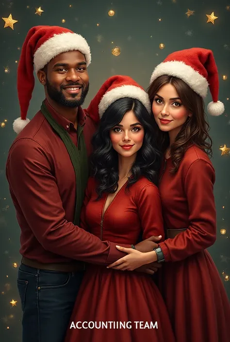 I want an image for a Christmas party. I want a tall brown man with a beard, a tall woman with short straight black hair, a tall...