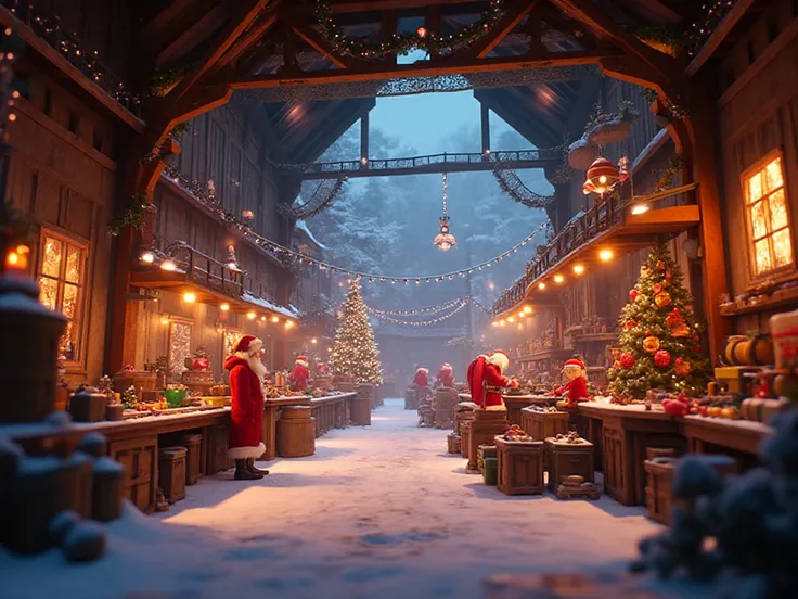 "Interior of Santa Claus’s workshop, wide landscape view, magical Christmas factory filled with toy-making machines, elves worki...