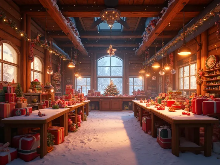 "Interior of Santa Claus’s workshop, no characters, colorful and cozy Christmas factory, toy-making machines and conveyor belts ...