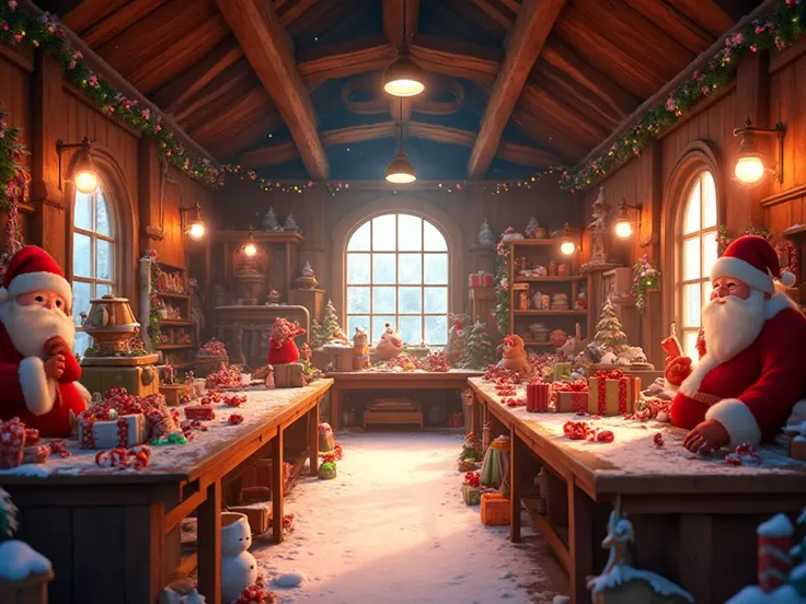 "Interior of Santa Claus’s workshop, no characters, colorful and cozy Christmas factory, toy-making machines and conveyor belts ...