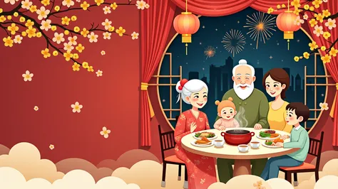 A warm Vietnamese Tet family illustration in clean 2D vector cartoon style, soft rounded shapes, cute chibi-like characters. A m...