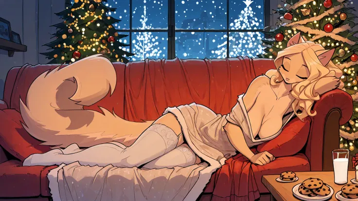 1girl, modern living room, couch {Marie:(cute anthro cat girl with long blond hair, asleep, covered by a warm blanket, bare shou...