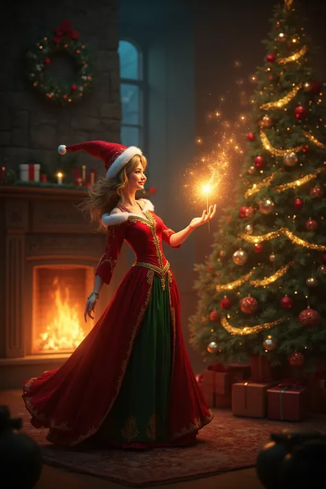 一个穿圣诞装的女人在壁炉前欢快地挥动魔法棒闪烁的圣诞树灯光明亮温暖