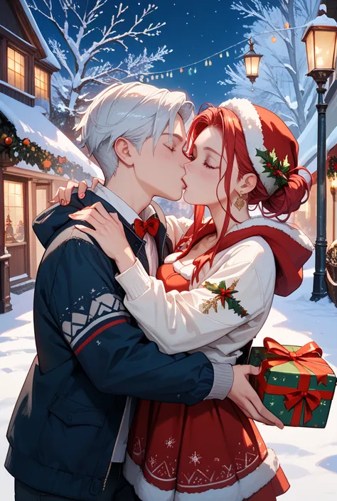 Lovers,Christmas night illustrations,presents box,sing a song,hug and kiss,powder snow,