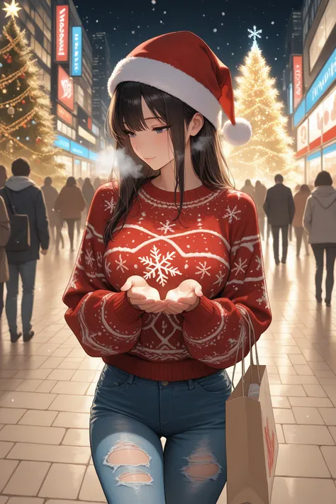 (masterpiece:1.2), illustration, 1girl, adult, medium breasts, stylish Christmas sweater (red & white, garish patterns), torn je...
