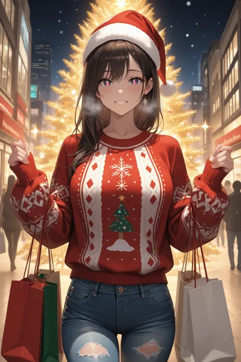 (masterpiece:1.2), illustration, 1girl, adult, medium breasts, eye-catching red and white Christmas sweater, ripped modern jeans...
