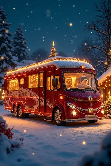 “A magical ultra-luxury Santa Claus motor home parked in a snowy Christmas village at night, red and white festive exterior wit...
