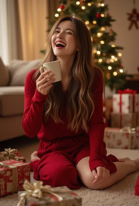 a young woman with long disheveled hair and a long-sleeved red dress、sitting on the carpet and holding an eggnog mug while laugh...