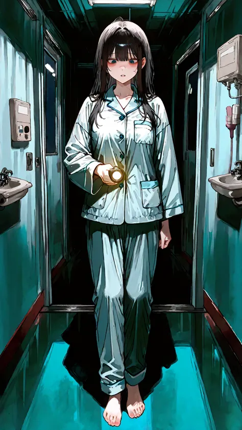 Japanese woman in her 30s、Welcoming Your First Night as an Inpatient、Full Body Portrait Standing in a Pale Hospital Corridor。Loo...