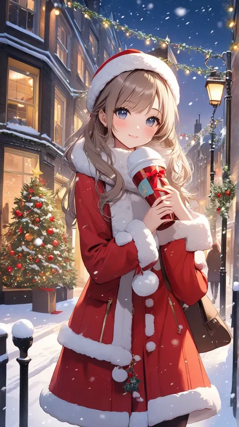 Stunning cute charming beautiful girl, stunning background London snow and decoration Christmas eve