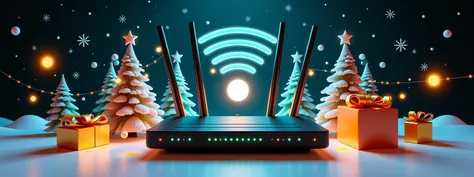 Professional and festive Christmas banner for a business combining high-speed Internet services and a gift shop, designed for di...