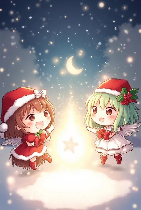“Kawaii Christmas fantasy battle, chibi characters with small wings and Christmas hats, casting magic in the form of hearts and ...