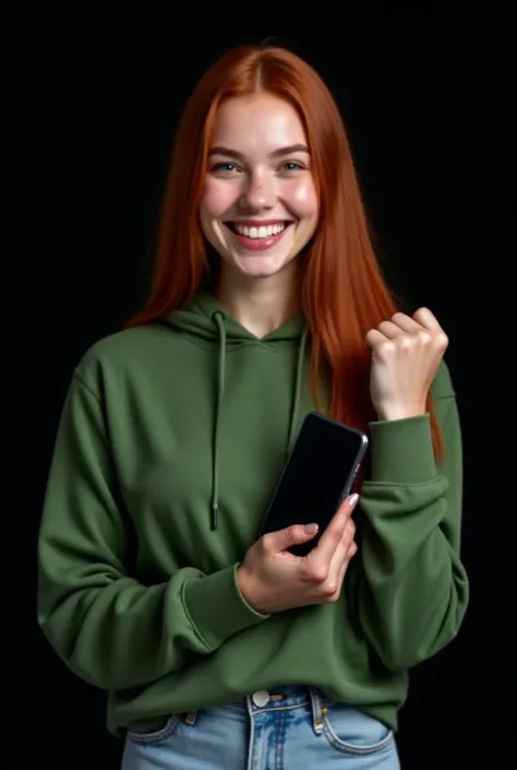 A high resolution studio portrait of a young red haired woman standing against a pure black seamless background, centered compos...