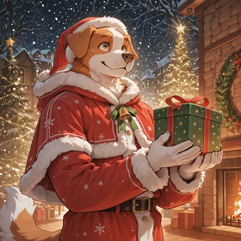 male, anthropomorphic beagle dog, white fur, beige eyes, elf costume, snowy Christmas night, Santa's workshop, holding present, ...