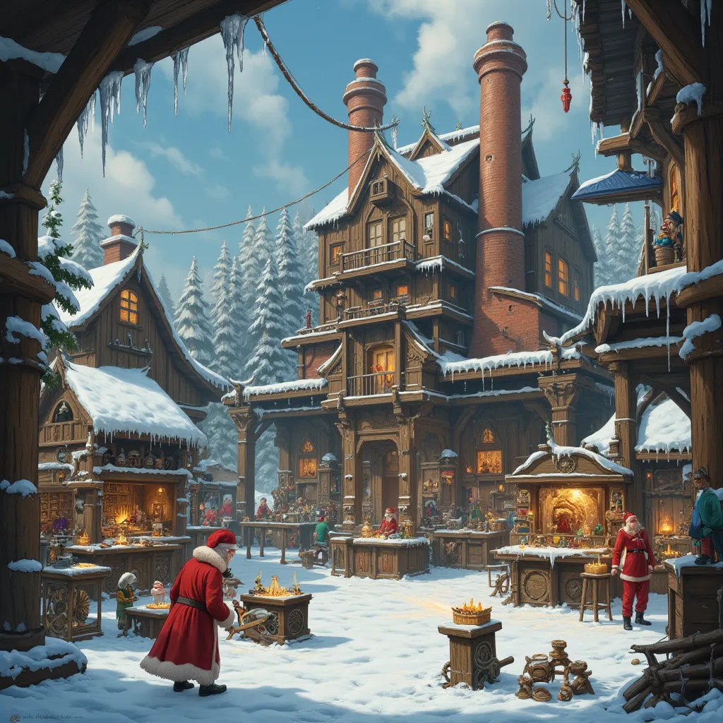 Spare parts factory, sleigh, workers, Baba Yaga, Santa Claus, Koschey,