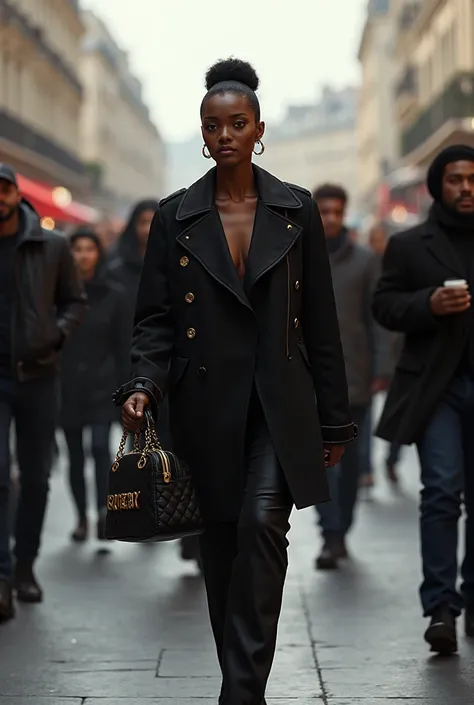 Black woman walking on the streets of Paris surrounded by people who also walk: The woman is dressed elegantly with luxury Chane...