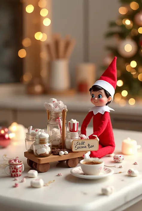 An adorable Elf on the Shelf sitting at a miniature hot cocoa bar setup on a white marble kitchen counter. Tiny wooden bar cart ...