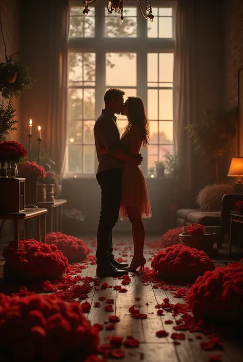 high quality, 8K Ultra HD, Beautiful double exposure, in which baskets of roses are on the floor, two lovers are standing in the...