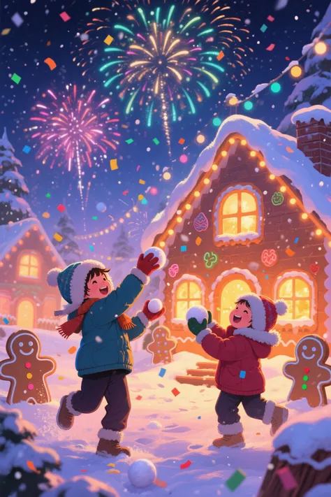 Children throwing snowballs under neon fireworks, gingerbread houses glowing warmly, snowstorm mixed with confetti, joyful and h...