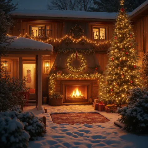 Realistic photo of a cozy Christmas house, 
warm lights, decorated Christmas tree, fireplace, fireplace light, 
snow outside the...
