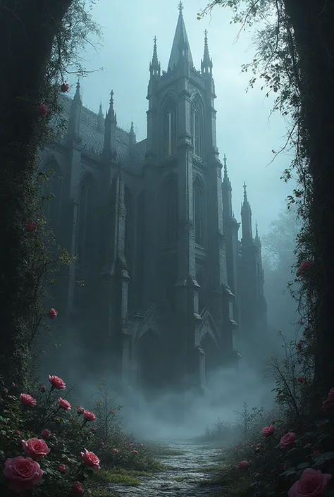 abandoned gothic cathedral, stained glass windows, walls, covered with ivy and roses, cold color palette, fog and dramatic light...