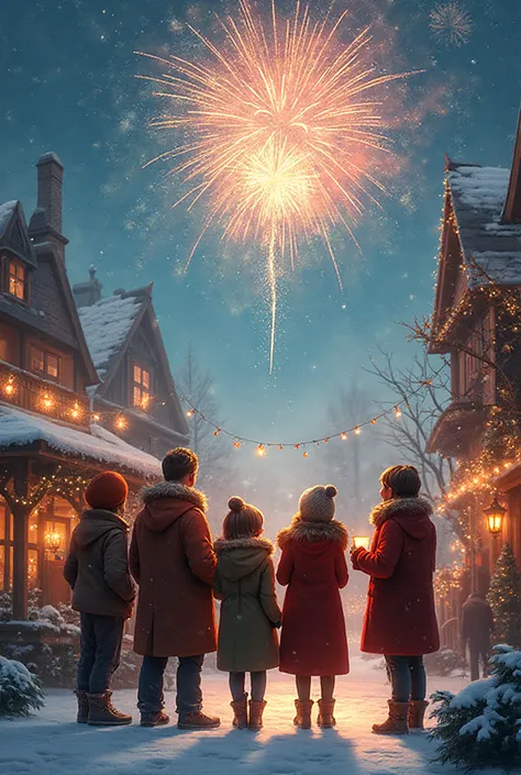 Create a Christmas card that depicts a future Christmas with a sense of warmth, love and joy. People standing outside and lookin...