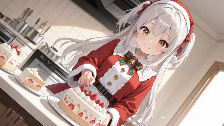 masterpiece,or more,1 girl,  Silver Hair,two side up,smile,,Santa Claus Clothes,frills, Make candy,cake,Icing Sugar  ,kitchen,Wa...