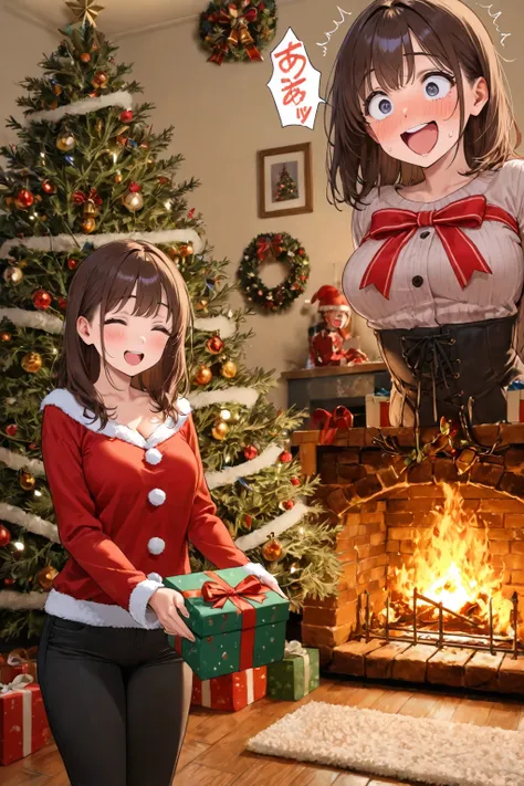 Cute stepsister, adult, christmas, christmas tree, fireplace, giving a gift, embarassed laugh, medium breasts