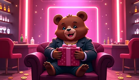A cute anthropomorphic mafia bear sitting confidently in a luxury VIP bar / nightclub,
chibi-inspired but cool proportions, cute...