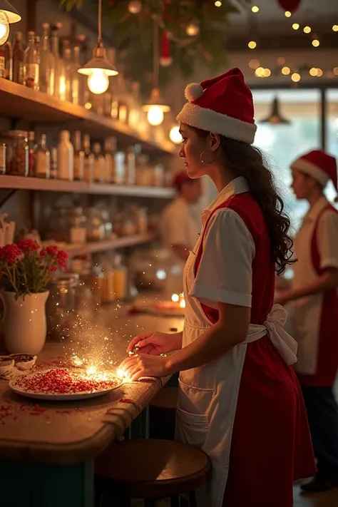 Love creates a girl in the inn of her work, it vibrates with a magical aura, He's saying "we are the universe" next to her are h...