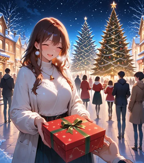 Xmas Giving Present, Little girl so happy giving His Present box to His Beautiful Mother, Xmas Tree, Winter, Beautiful winter ca...